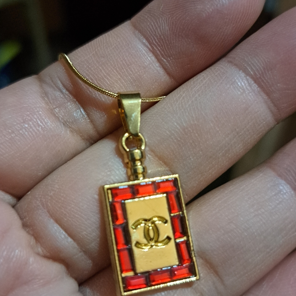 Gold-Tone Pendant Necklace with Red Enamel Accent